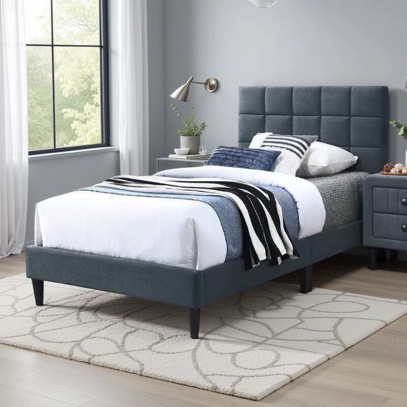 Lilian Bed, Soft Biscuit Tufted Charcoal Gray Linen Upholstery – Twin