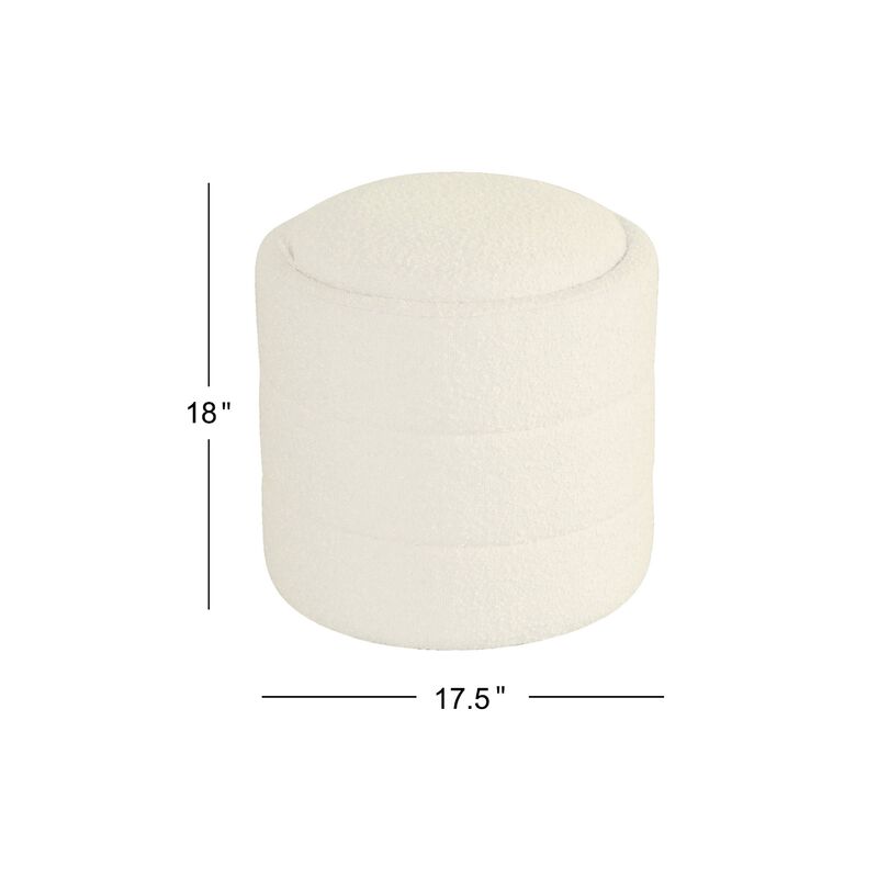 Pero Storage Ottoman, 18 Inch Round Removable Lid, White Boucle Fabric