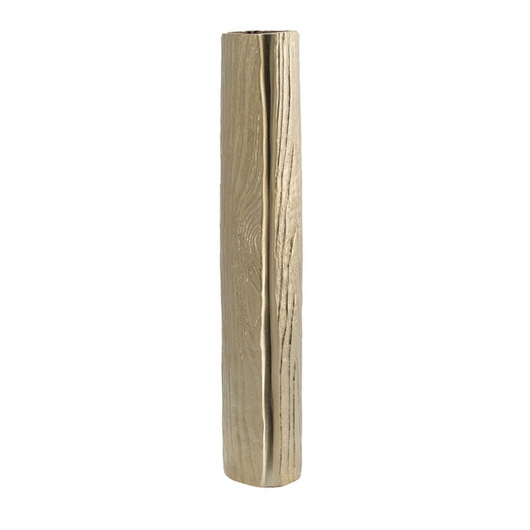 15 Inch Modern Vase, Naturalistic Tree Trunk Texture, Shiny Gold Finish