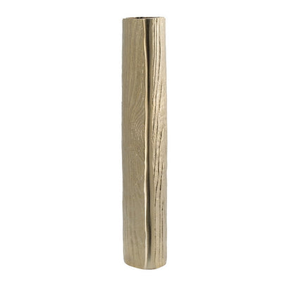15 Inch Modern Vase, Naturalistic Tree Trunk Texture, Shiny Gold Finish