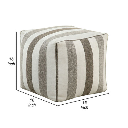 Modern Pouf Ottoman, White and Taupe Striped Jacquard, 16 Inch Square