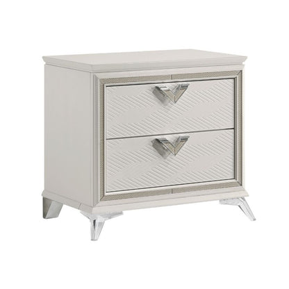 Dery Nightstand, 2 Drawers Chrome Triangle Handles, Gold White Wood