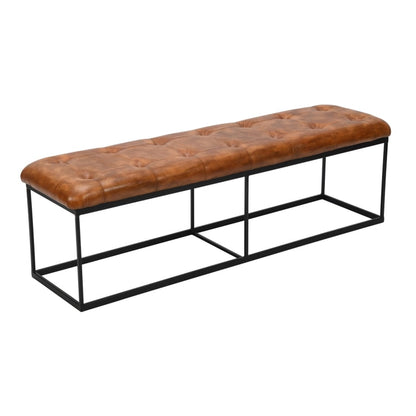 60 Inch Artisanal Button Tufted Accent Bench, Brown Leather Upholstery, Black Powder Coated Metal Frame