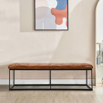 60 Inch Artisanal Button Tufted Accent Bench, Brown Leather Upholstery, Black Powder Coated Metal Frame
