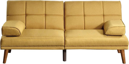 Gina 71 Inch Adjustable Futon Sofa Bed, Tufted, Tapered Legs, Mustard