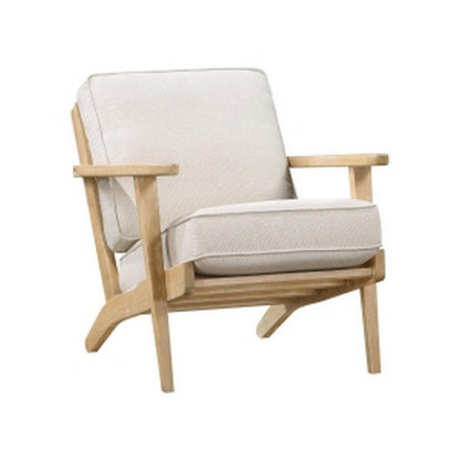 36 Inch Accent Chair Armchair, Beige Chenille, Weathered Solid Rubberwood