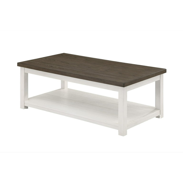 Mon 48 Inch Rectangular Coffee Table, Bottom Shelf, Brown Top, White Frame
