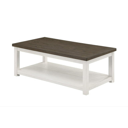 Mon 48 Inch Rectangular Coffee Table, Bottom Shelf, Brown Top, White Frame