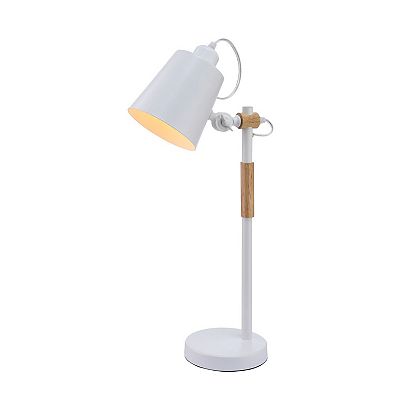 23 Inch Table Lamp, Brown Wood Trim, Dome Metal Shade White, Round Base