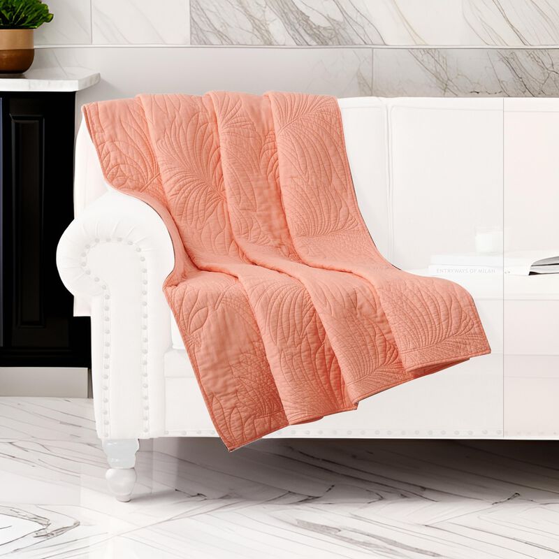 Xumi 50 x 60 Inch Quilted Throw Blanket, Frond Quilting, Coral Pink Cotton