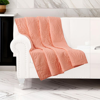 Xumi 50 x 60 Inch Quilted Throw Blanket, Frond Quilting, Coral Pink Cotton