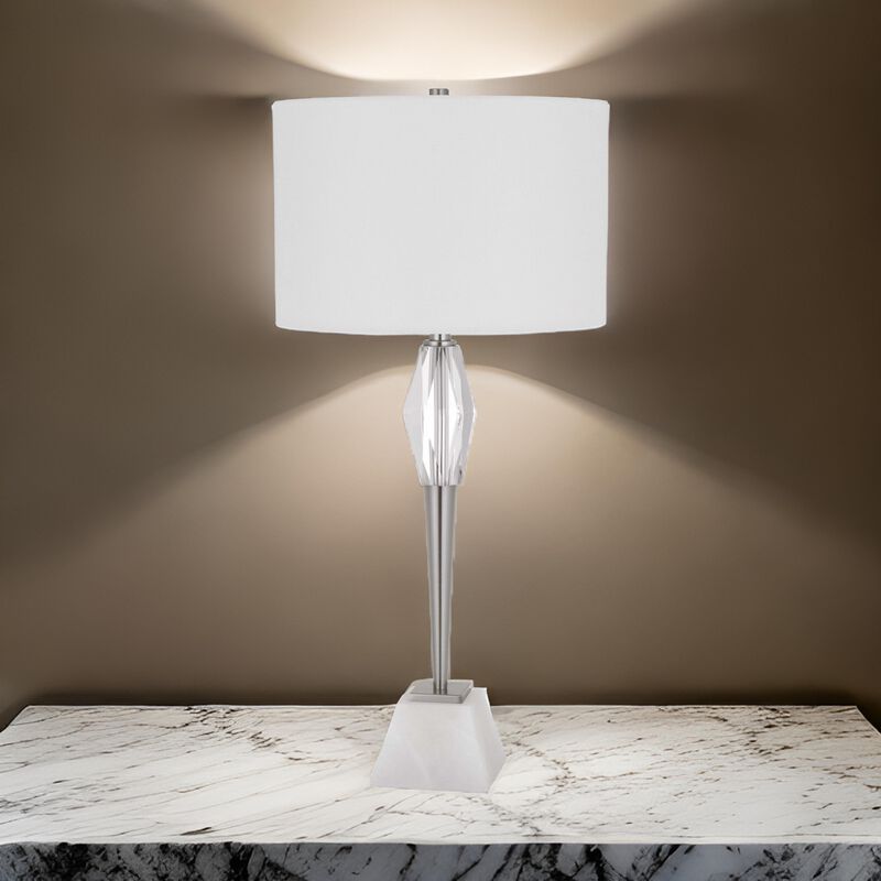 32 Inch Table Lamp with White Drum Shade, Marble Base, Brushed Steel