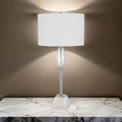 32 Inch Table Lamp with White Drum Shade, Marble Base, Brushed Steel