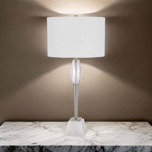 32 Inch Table Lamp with White Drum Shade, Marble Base, Brushed Steel