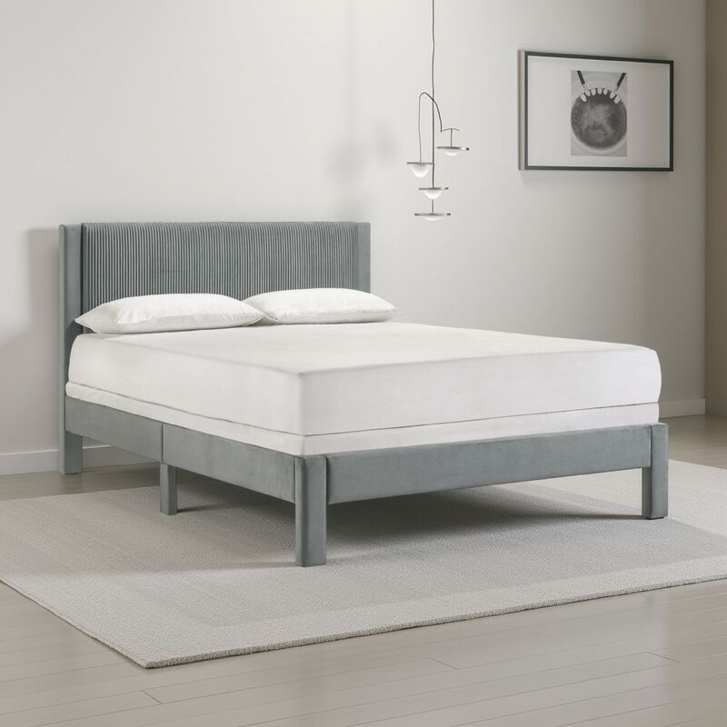 Cery Queen Size Platform Bed, Light Gray Upholstery Textured Headboard