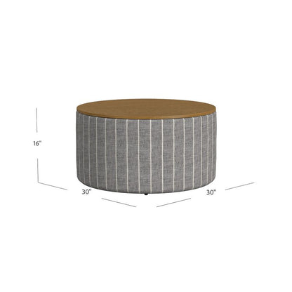 Jena Storage Ottoman, 30 Inch Round Lift Tray Top, Gray Pinstripe