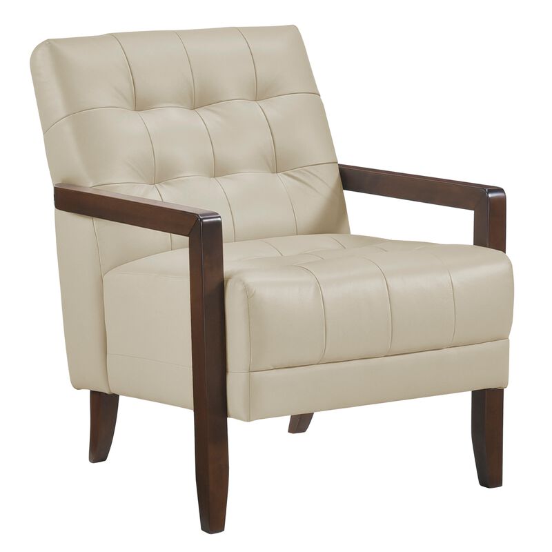 Lenie Accent Armchair, Button Tufted Beige Leather, Walnut Brown Wood