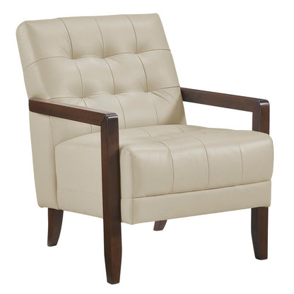 Lenie Accent Armchair, Button Tufted Leather, Walnut Brown Wood – Beige