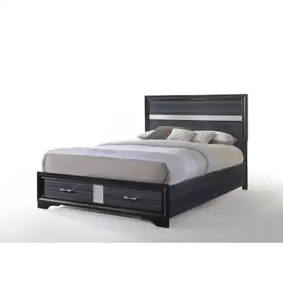 Nae Queen Size Bed, Rubberwood, Gray, Textured, Shimmery Acrylic Trim
