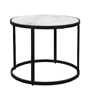23 Inch Side End Table, Modern Round White Natural Marble Top, Classic Black Iron Frame