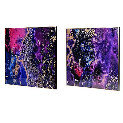 35 x 35 Set of 2 Framed Wall Art Prints, Gold Pink Purple Abstract Painting