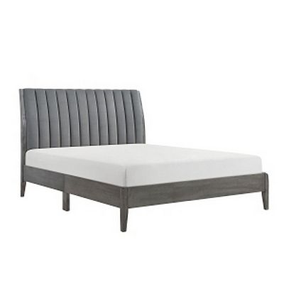 Queen Size Platform Bed, Channel Tufted Upholstered Back, Gray Velvet