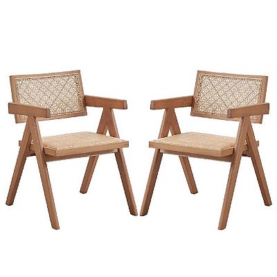 Tina 22 Inch Dining Armchair Set of 2, Woven Rattan, Natural Brown Wood