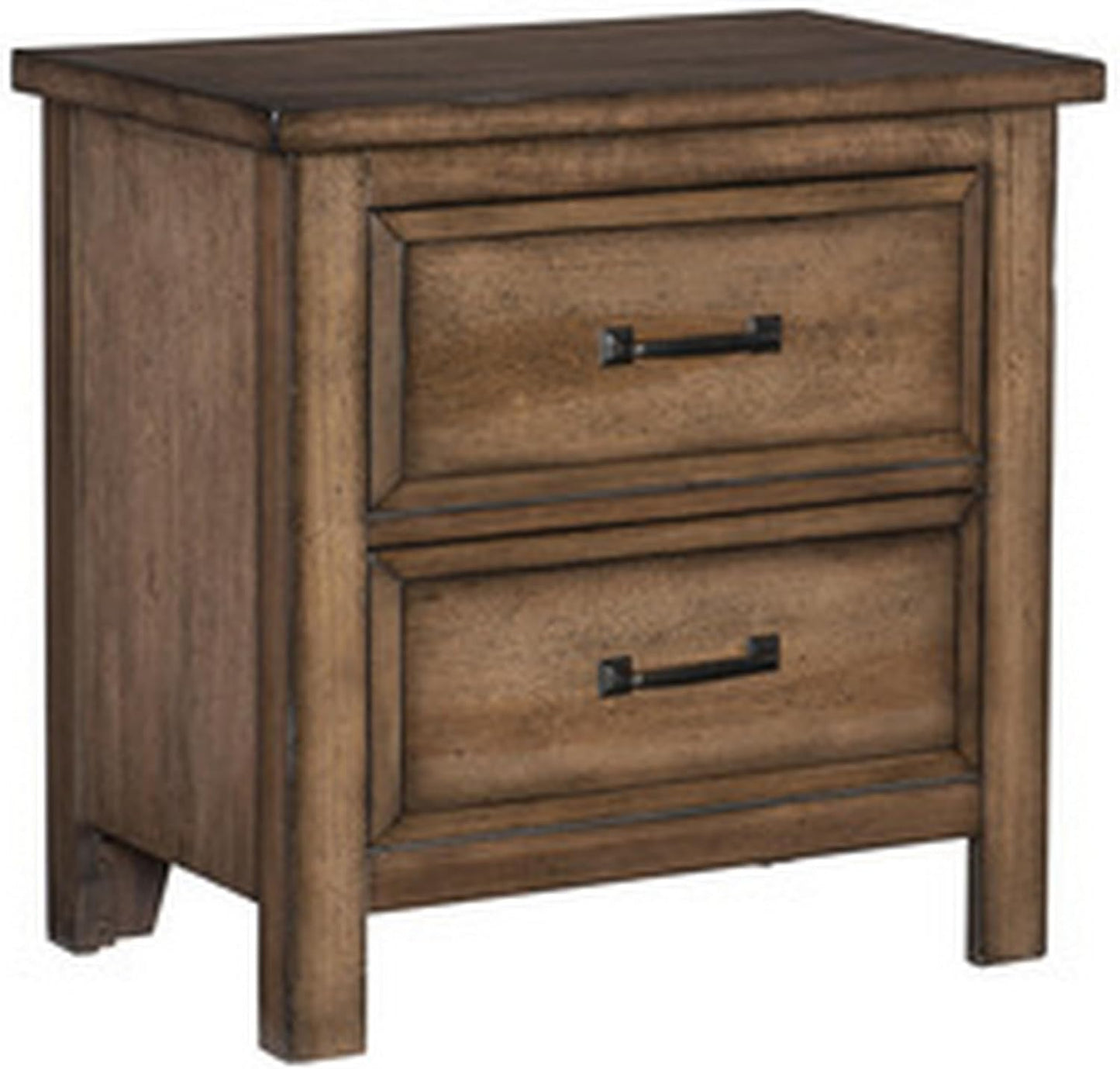 Reva 27 Inch Nightstand, 2 Drawers, Black Metal, Light Brown Solid Wood