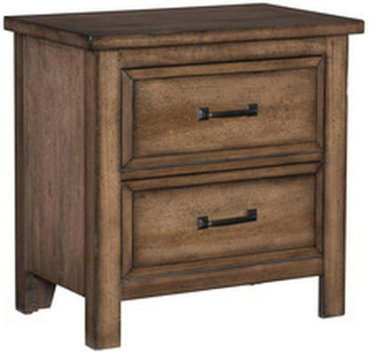 Reva 27 Inch Nightstand, 2 Drawers, Black Metal, Light Brown Solid Wood