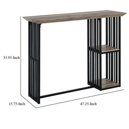 Nori 47 Inch Counter Height Table, 2 Shelves, Antique Oak Brown and Black