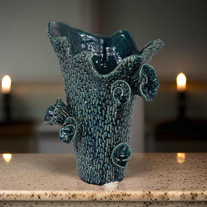 17 Inch Vase with Barnacle Design And Floral Details, Blue Ceramic Finish