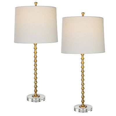 29 Inch Table Lamp, Set of 2, White Tapered Shade, Gold Leaf, Round Base