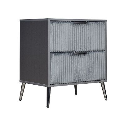 Moko 26 Inch Nightstand, 2 Ribbed Soft Upholstered Drawers, Smooth Gray