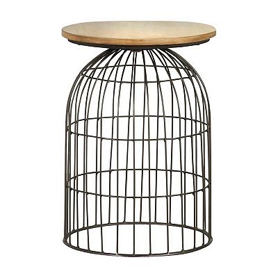 21 Inch Round Accent Table with Bird Cage Style Base, Beige Marble, Black