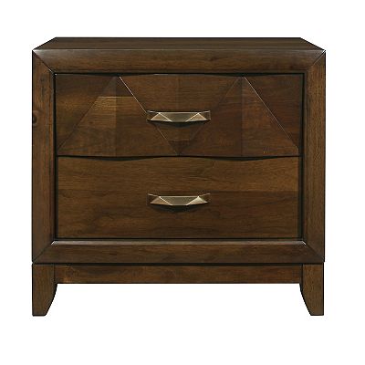 Nibo 28 Inch Nightstand, 2 Drawers, Satin Brass Handles, Brown Solid Wood
