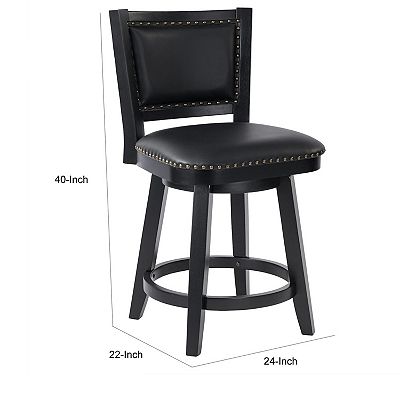 Kera Swivel Counter Height Stool Chair, Black Wood, Nailhead Faux Leather