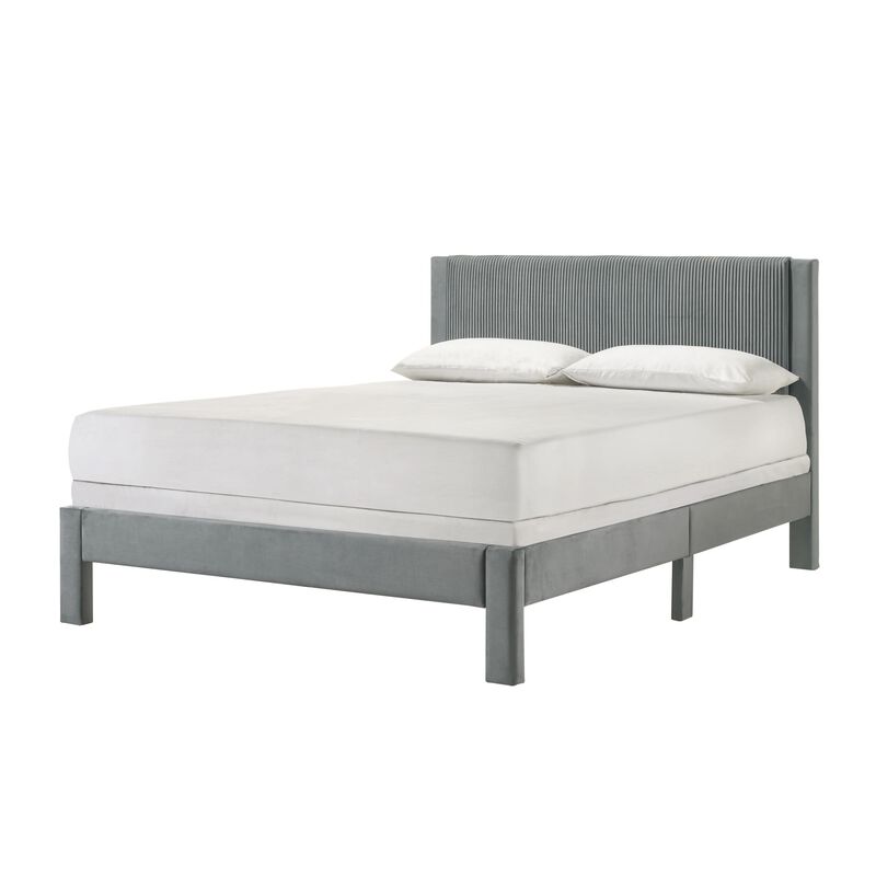 Cery Full Size Platform Bed, Light Gray Upholstery, Textured Headboard
