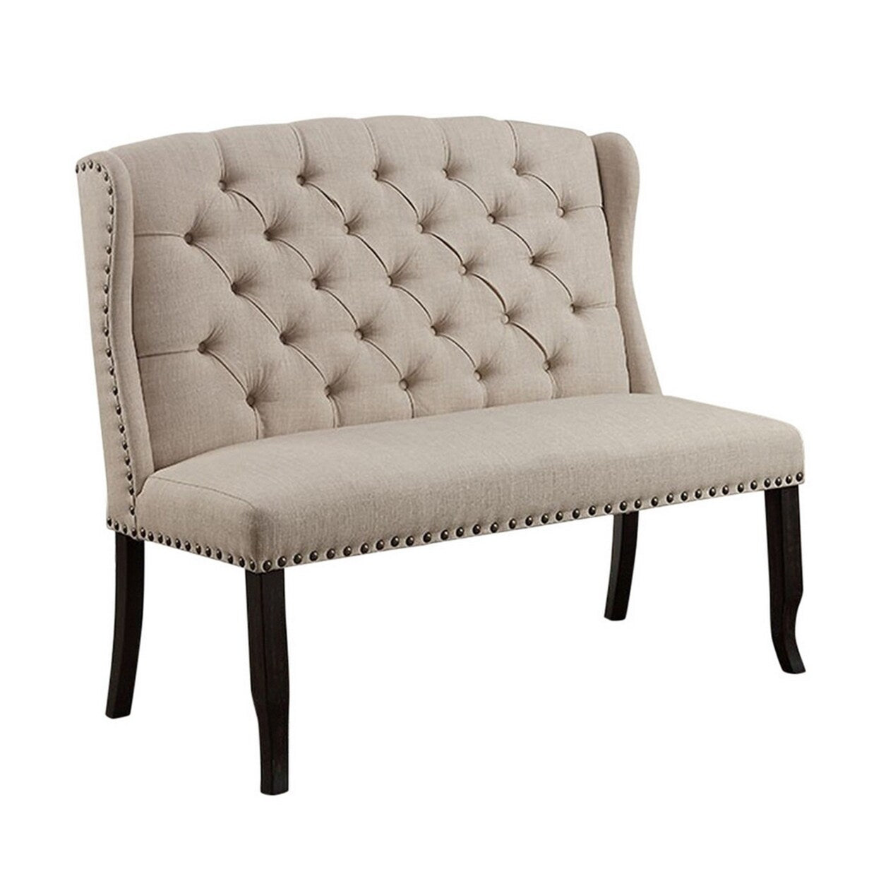 Nailhead Trim Fabric Upholstered Wing Back Wooden Bench, Beige and Black