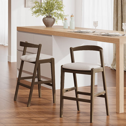 Nea Counter Stool Chair Set of 2, Gray Polyester, Dark Brown Wood Frame