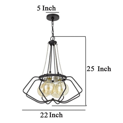 Lima 22 Inch Chandelier w 4 Light Bulbs, Black Metal Cage Design
