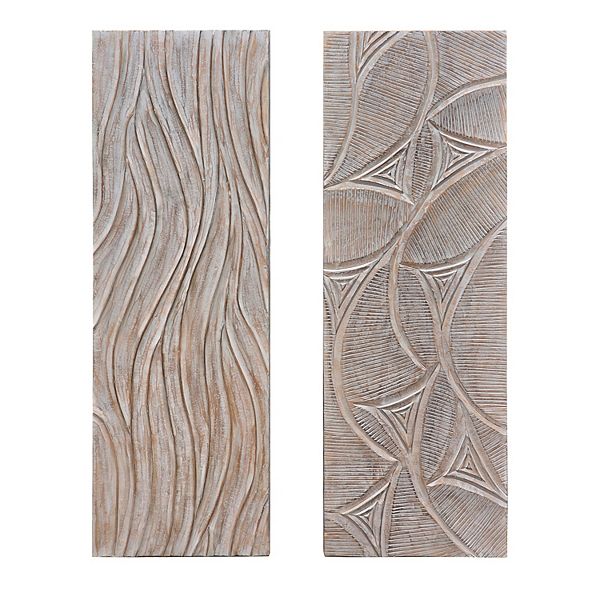 2pc Wood Wall Art Panels | 16x48 Inch Abstract Geometric and Wave Pattern Decor | Distressed Gray