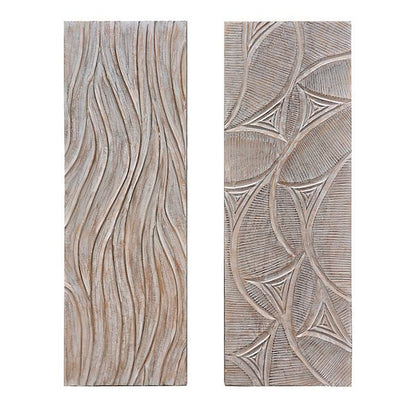 2pc Wood Wall Art Panels | 16x48 Inch Abstract Geometric and Wave Pattern Decor | Distressed Gray