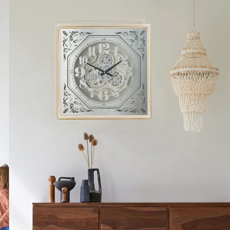 Viry 24 Inch Square Wall Clock, Analog Gear Design, Black White Iron Finish