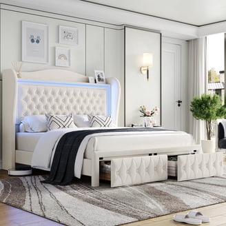 Angie Queen Bed, Platform Foundation, Slatted Headboard, Black Metal Frame