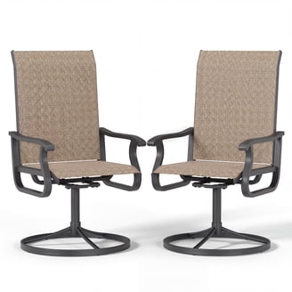 Outdoor Dining Chair Set of 2, Gray Mesh Seat and Brown Faux Wood, Metal