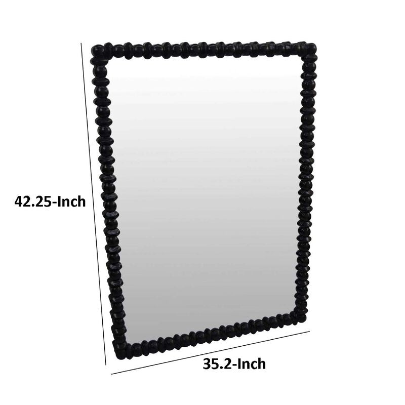 Perz Wall Mirror, 42 Inch, Square Frame, Black Beaded Wood Frame