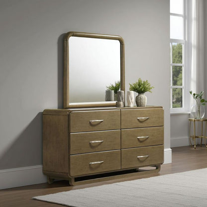 Deon Dresser Mirror, Brown Wood, Round Frame with Curved Top, 37 Inch