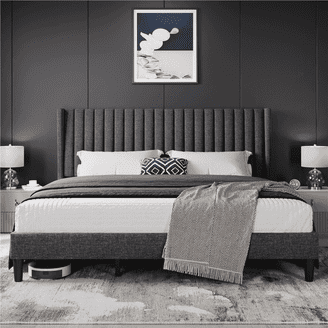 Cery Twin Size Platform Bed, Light Gray Upholstery, Textured Headboard