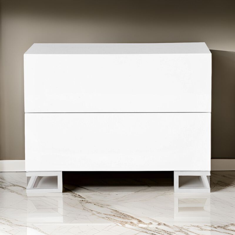 Sam 20 Inch Nightstand, 2 Drawers, White Wood, High Polished Metal Legs