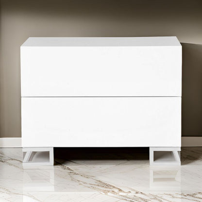 Sam 20 Inch Nightstand, 2 Drawers, White Wood, High Polished Metal Legs